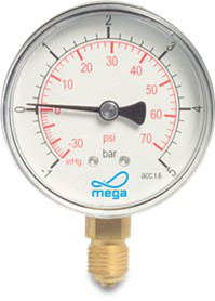 Manometer mit ¼" Messing Anschluss Unten, Anzeigebereich -1 - 5 bar, Gehäuse 63 mm